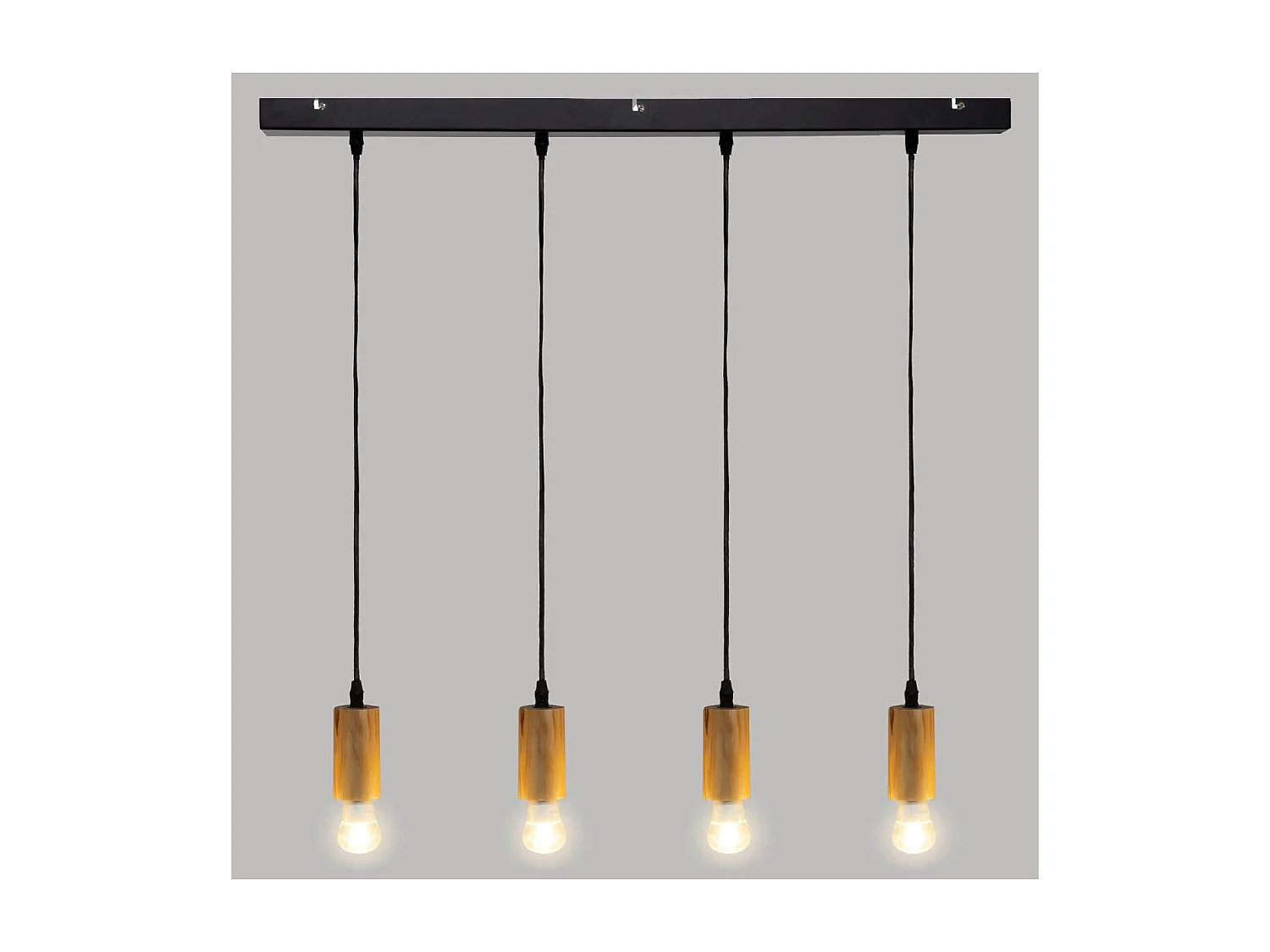 Luminaire Suspension 4 Lampes en Métal et Bois Naturel