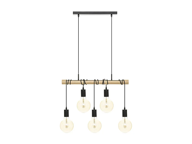 Luminaire Suspension 5 Lampes en Métal Noir et Bois de Pin L 60 cm