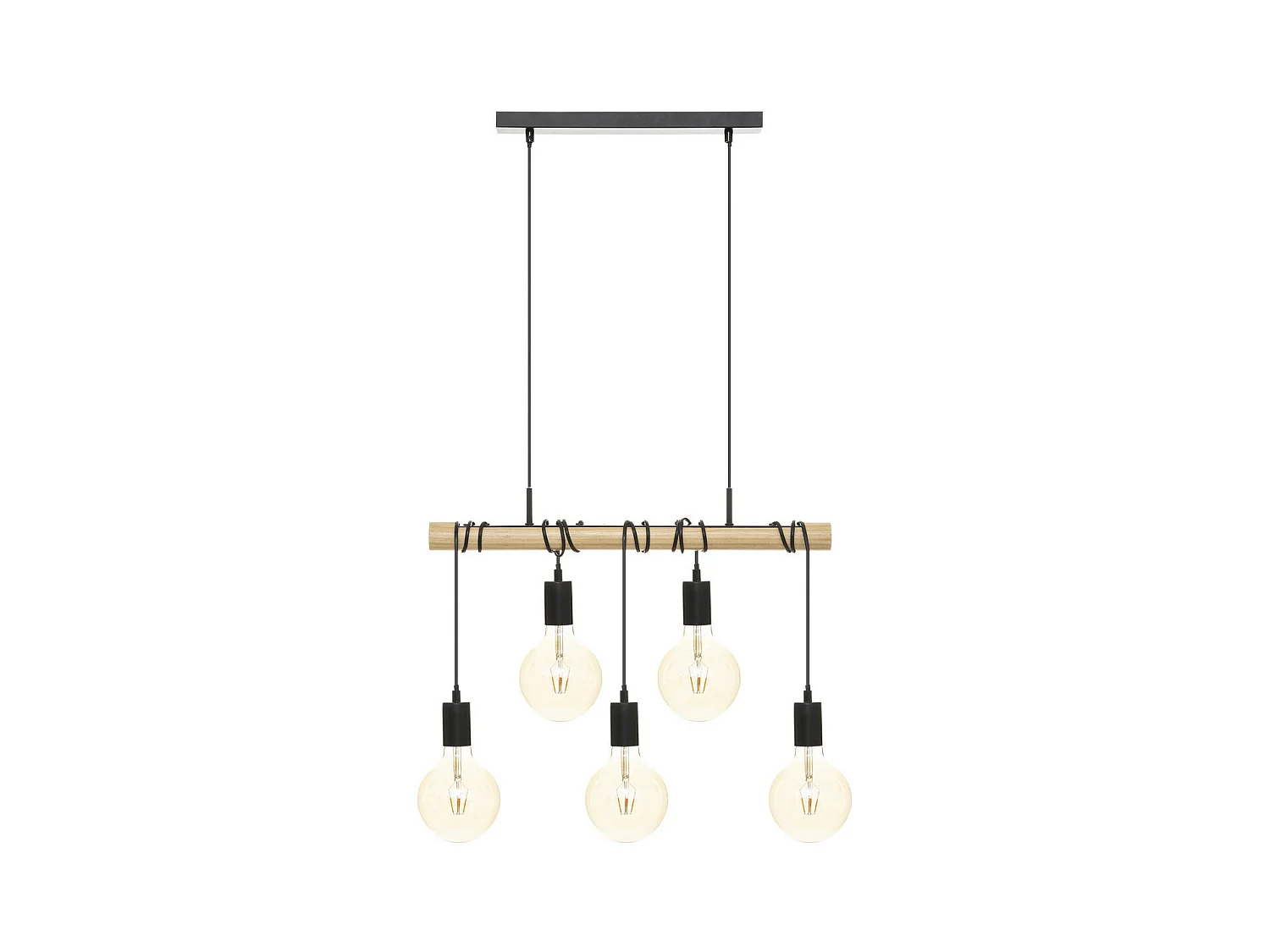 Luminaire Suspension 5 Lampes en Métal Noir et Bois de Pin L 60 cm
