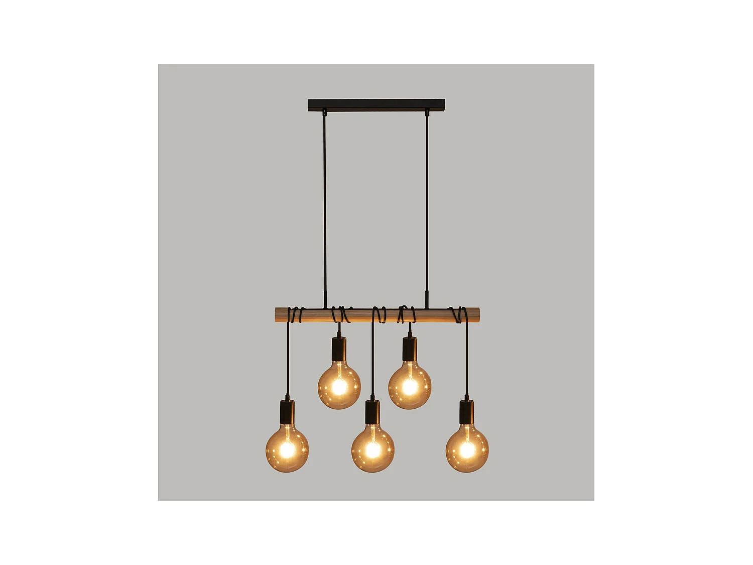 Luminaire Suspension 5 Lampes en Métal Noir et Bois de Pin L 60 cm