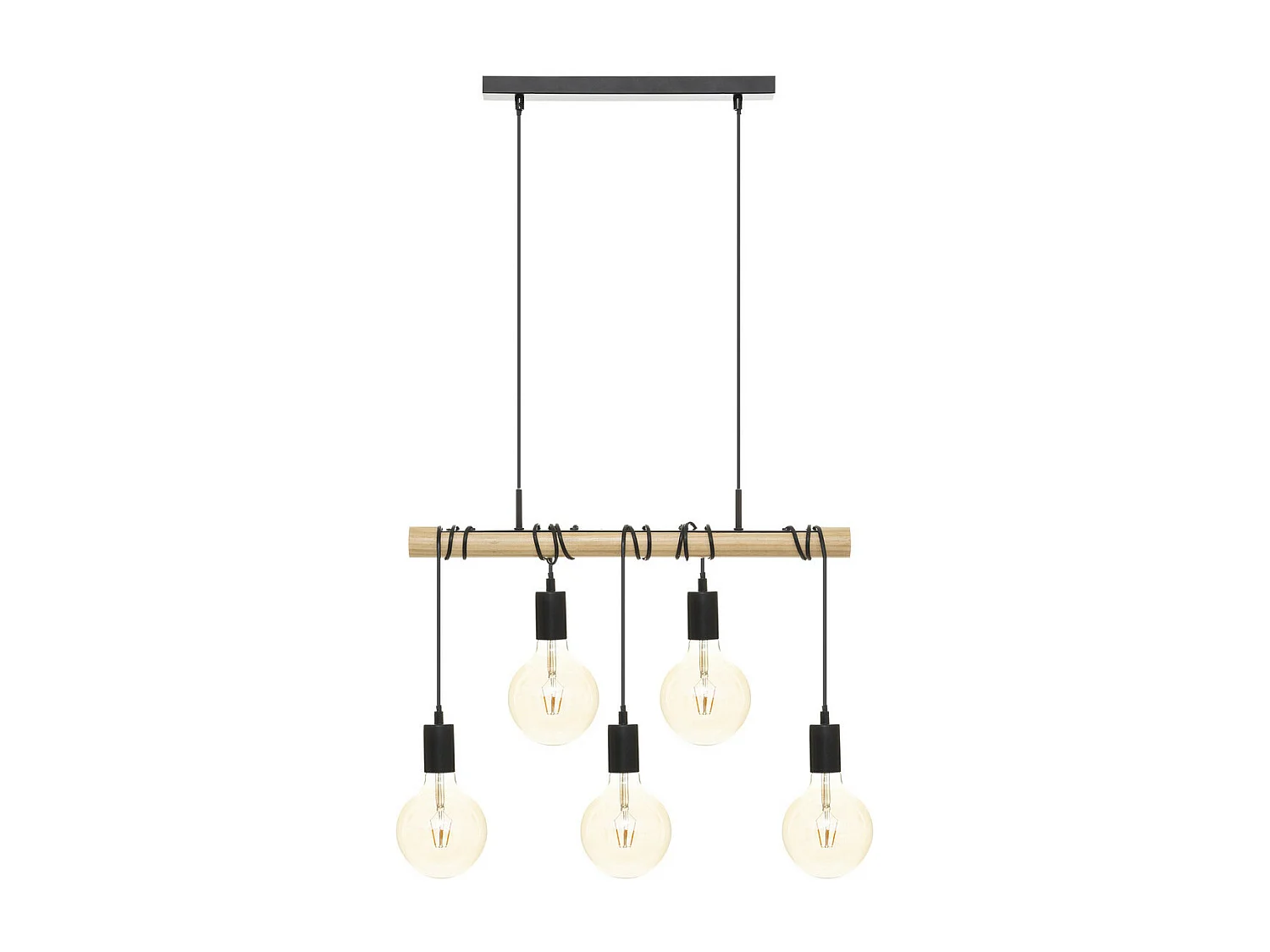 Luminaire Suspension 5 Lampes en Métal Noir et Bois de Pin L 60 cm