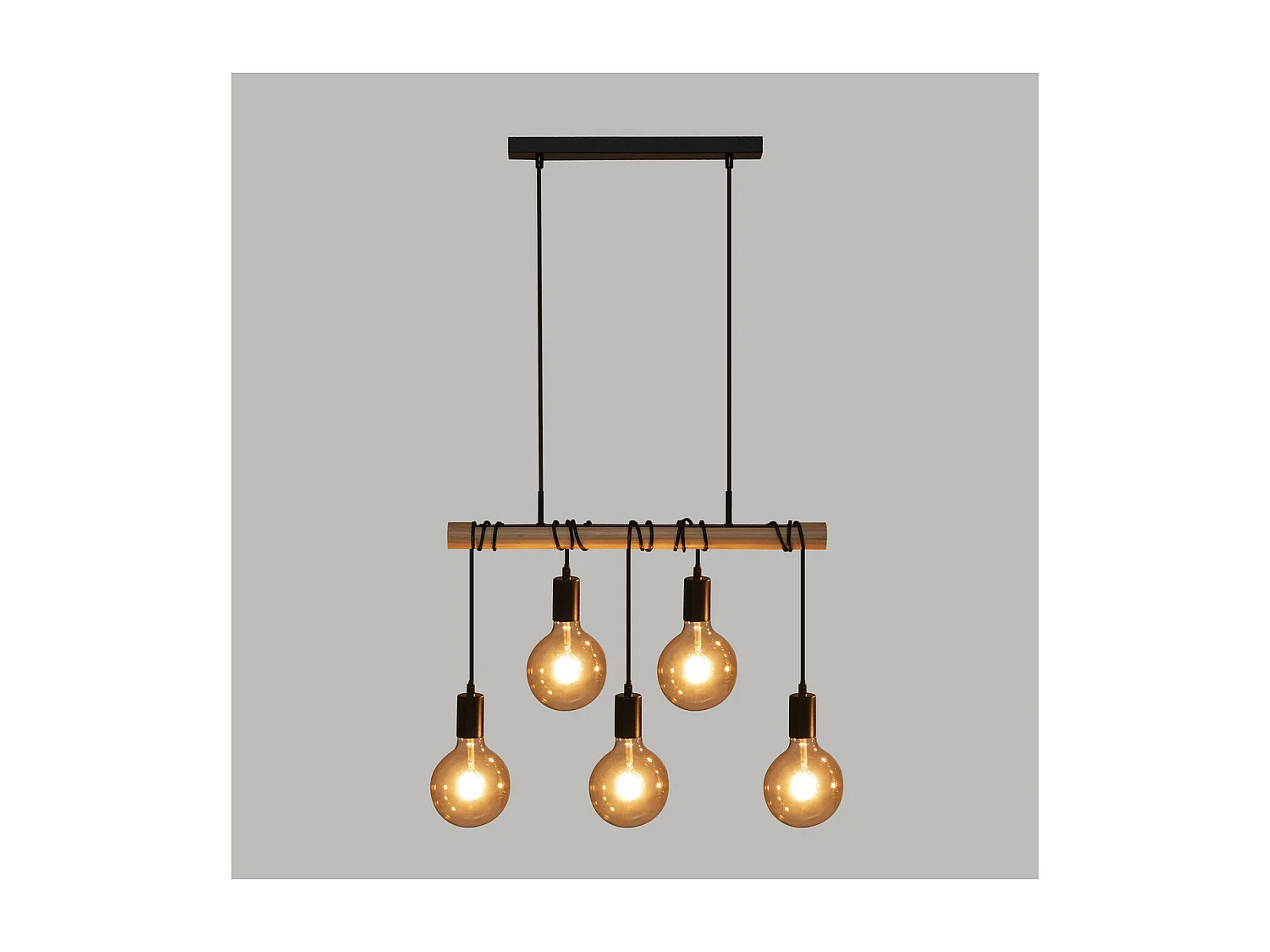 Luminaire Suspension 5 Lampes en Métal Noir et Bois de Pin L 60 cm
