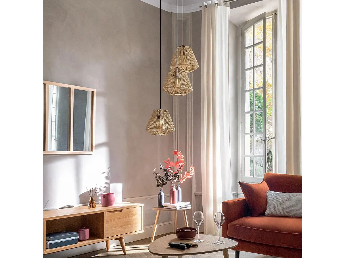 Luminaire  Suspension en Corde 3 Têtes D. 25 x H. 95 cm