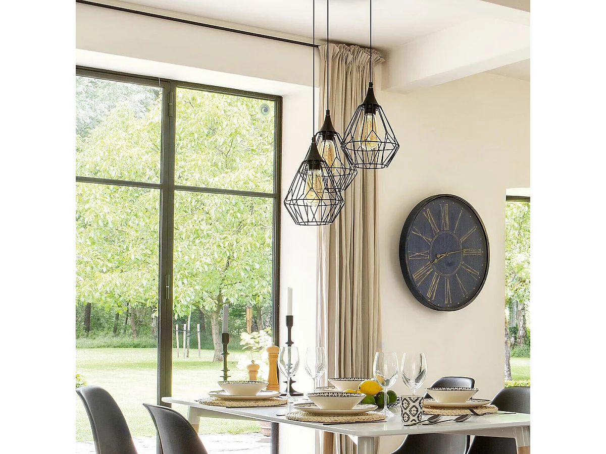 Luminaire Lustre 3 Suspensions en Métal filaire Noir