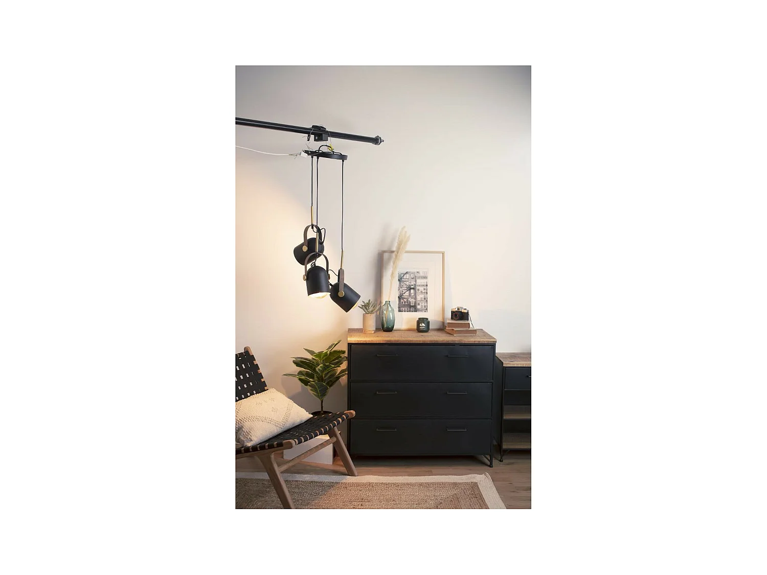 Luminaire Suspension 3 Lampes en Métal Noir & Doré H 83 cm