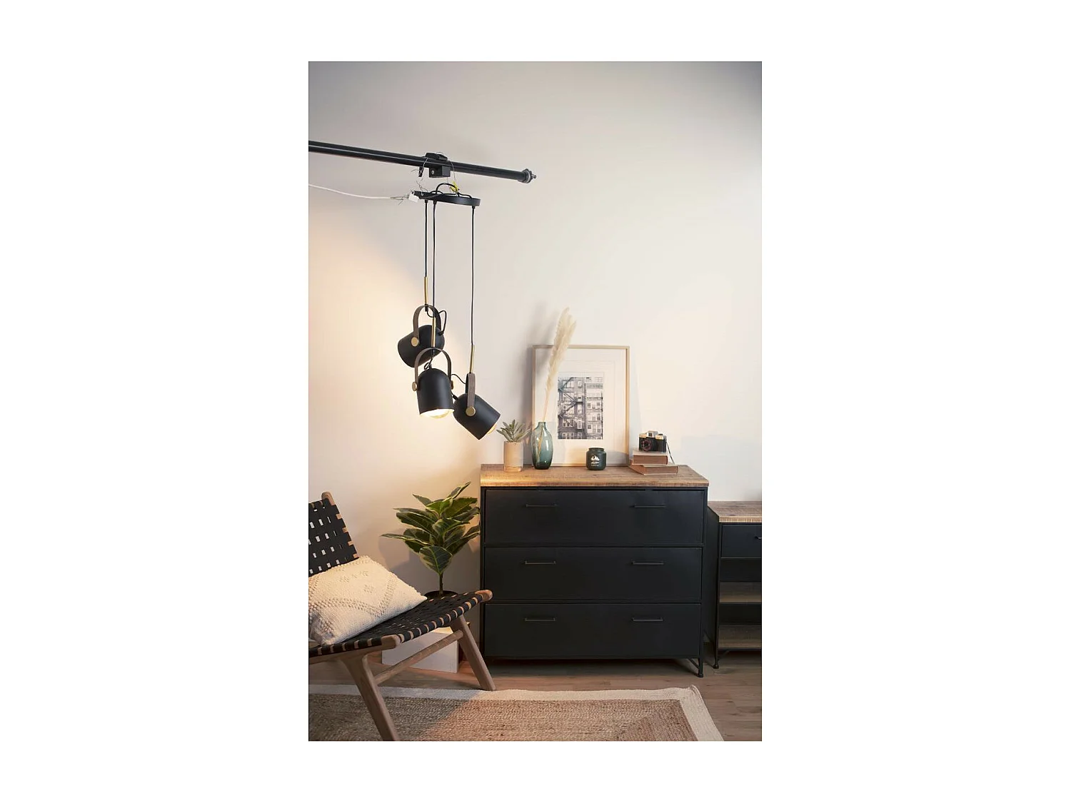 Luminaire Suspension 3 Lampes en Métal Noir & Doré H 83 cm