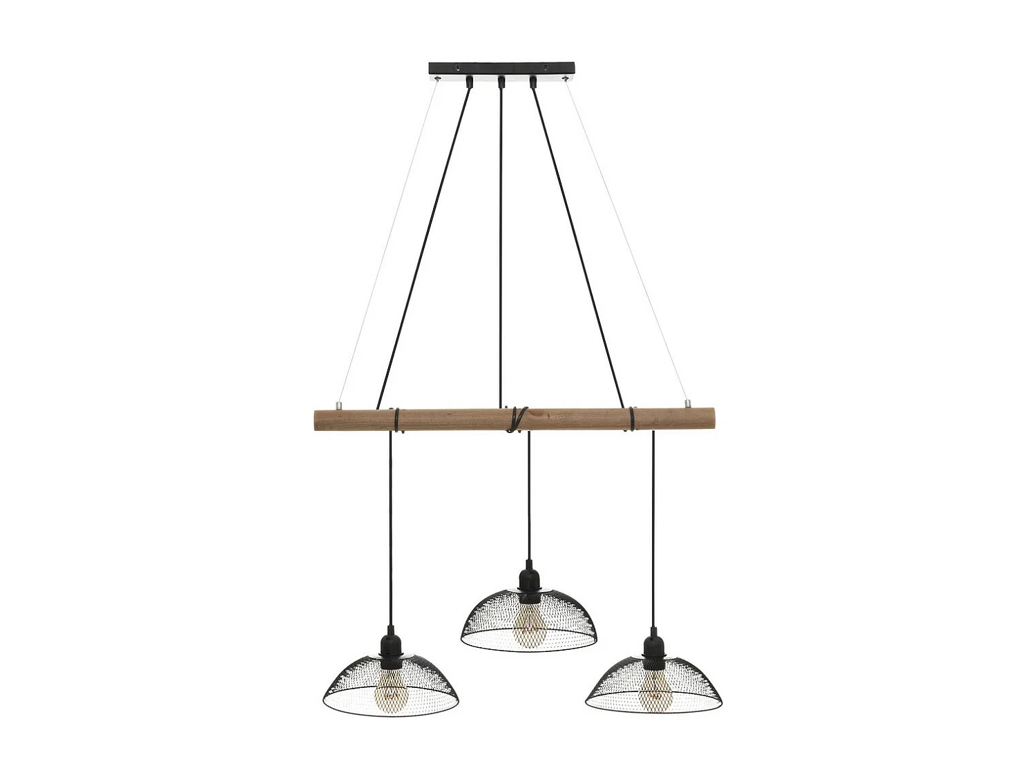 Luminaire Suspension 3 Lampes en Métal Noir et Bois de Pin L 70 cm