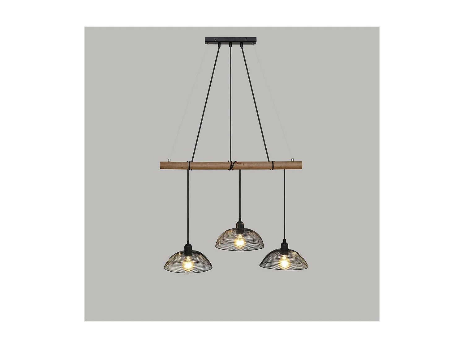Luminaire Suspension 3 Lampes en Métal Noir et Bois de Pin L 70 cm