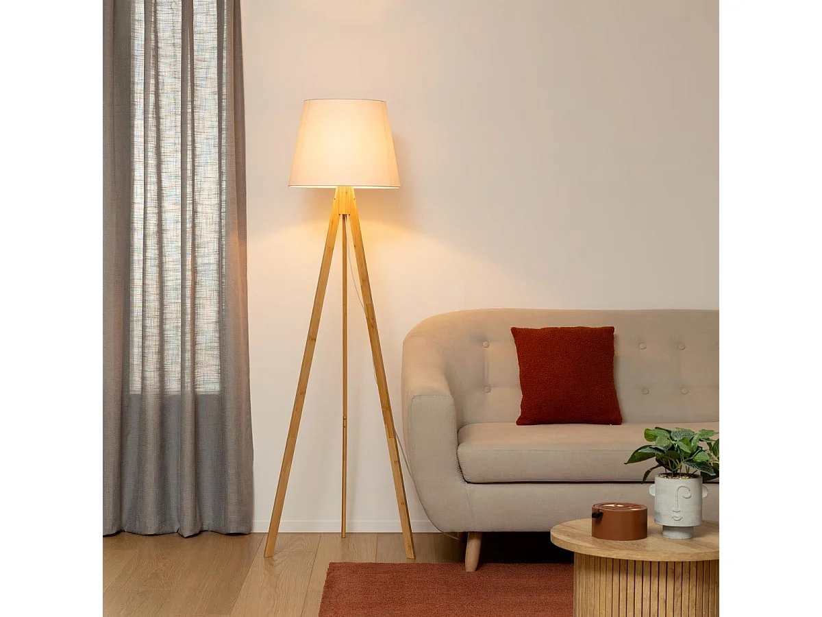 Lampadaire Trépied en Bambou et Abat-jour Blanc H 160 cm