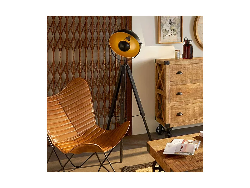 Lampadaire Trépied en Bois et Métal Noir et Doré H 162 cm