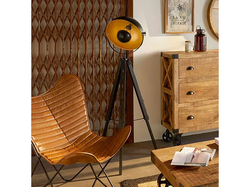 Lampadaire Trépied en Bois et Métal Noir et Doré H 162 cm