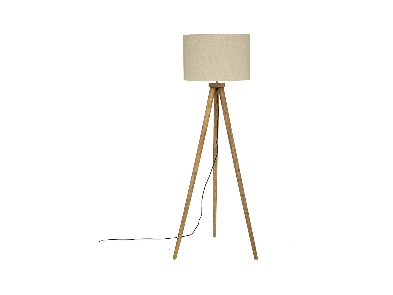 Lampadaire Trépied en Bois de Manguier et Abat-jour Beige lin H 150 cm