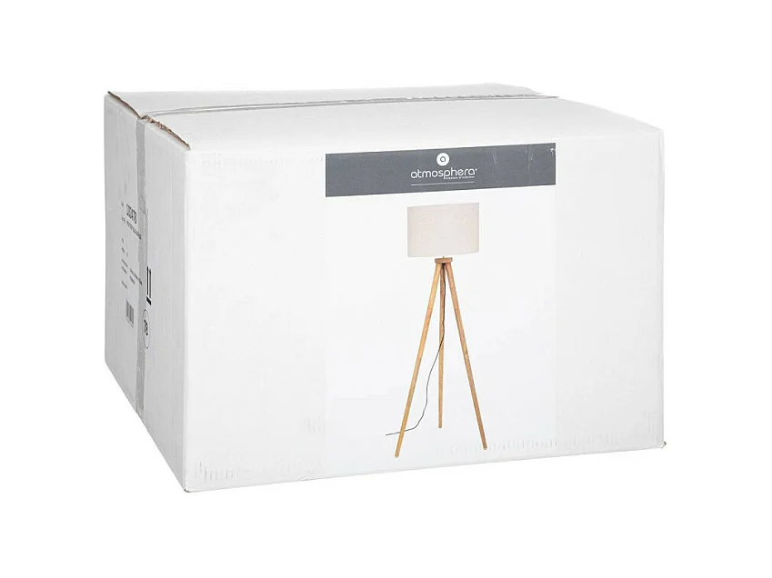 Lampadaire Trépied en Bois de Manguier et Abat-jour Beige lin H 150 cm