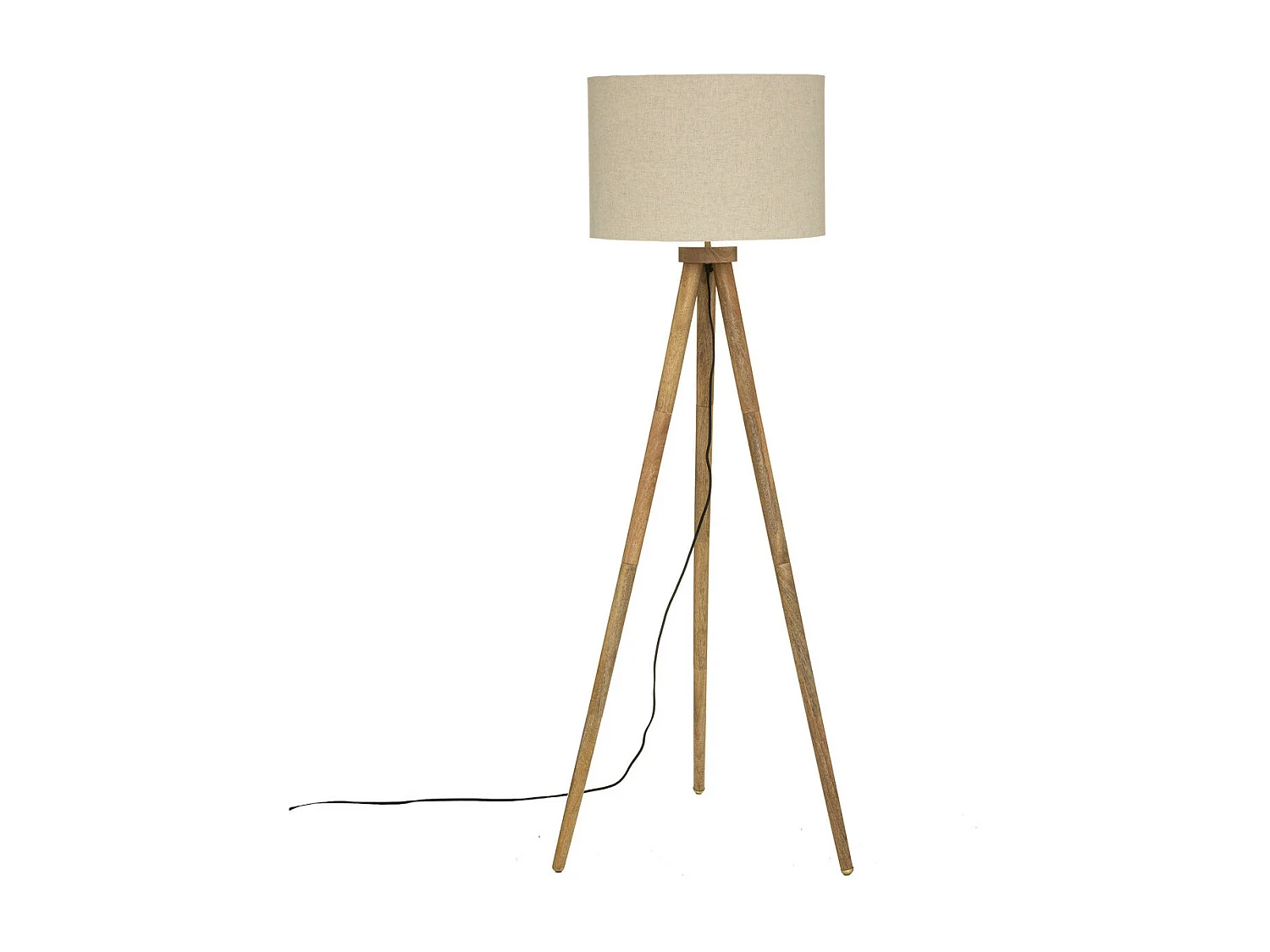 Lampadaire Trépied en Bois de Manguier et Abat-jour Beige lin H 150 cm