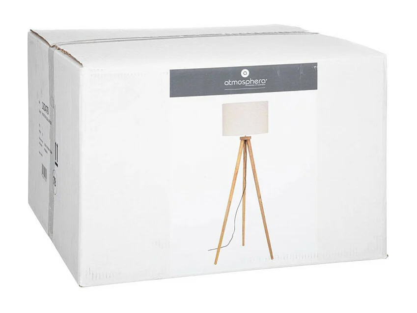 Lampadaire Trépied en Bois de Manguier et Abat-jour Beige lin H 150 cm