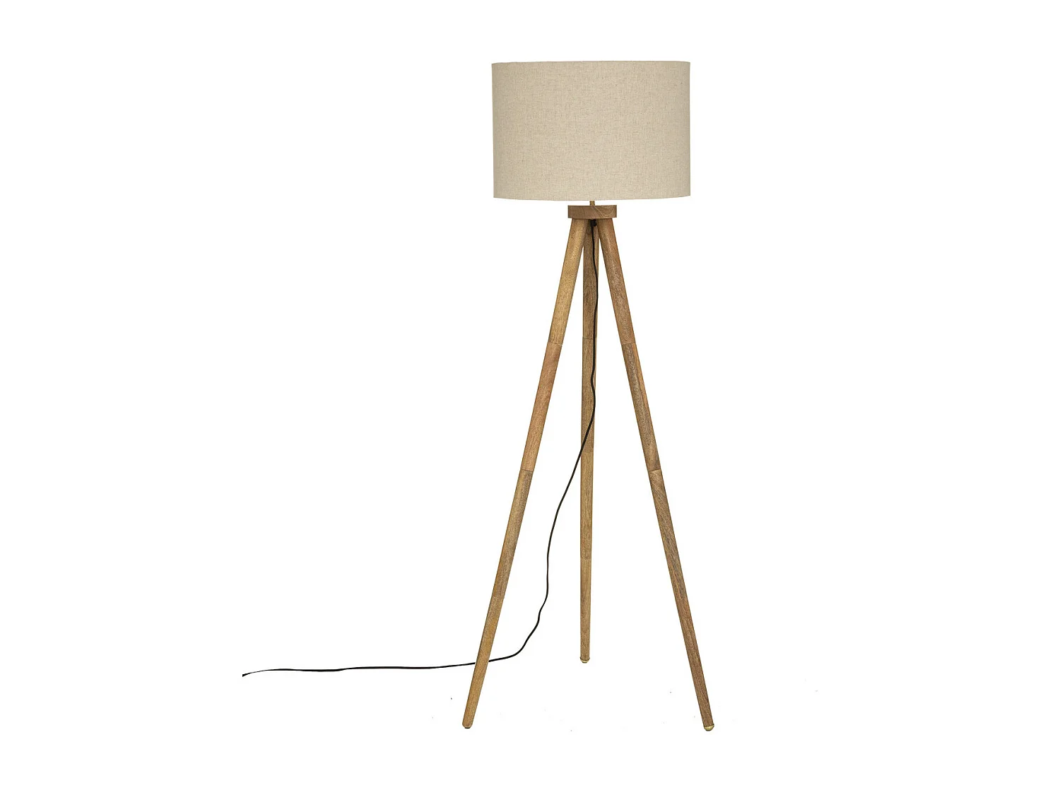 Lampadaire Trépied en Bois de Manguier et Abat-jour Beige lin H 150 cm