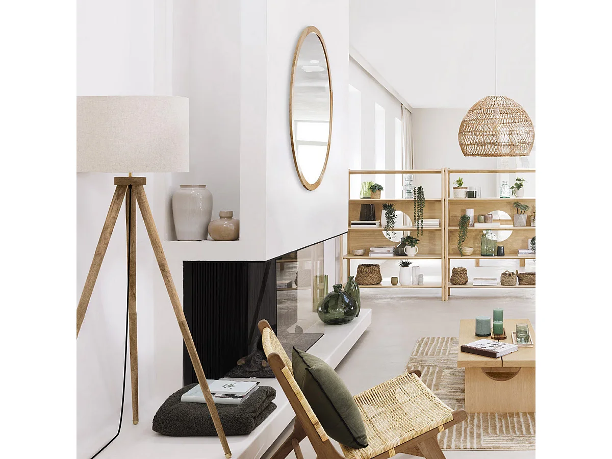 Lampadaire Trépied en Bois de Manguier et Abat-jour Beige lin H 150 cm