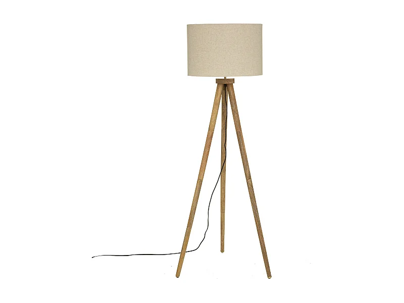 Lampadaire Trépied en Bois de Manguier et Abat-jour Beige lin H 150 cm