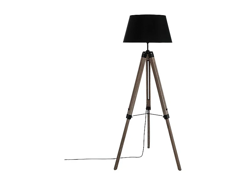Lampadaire Trépied en Bois et Abat-jour Noir H 145 cm