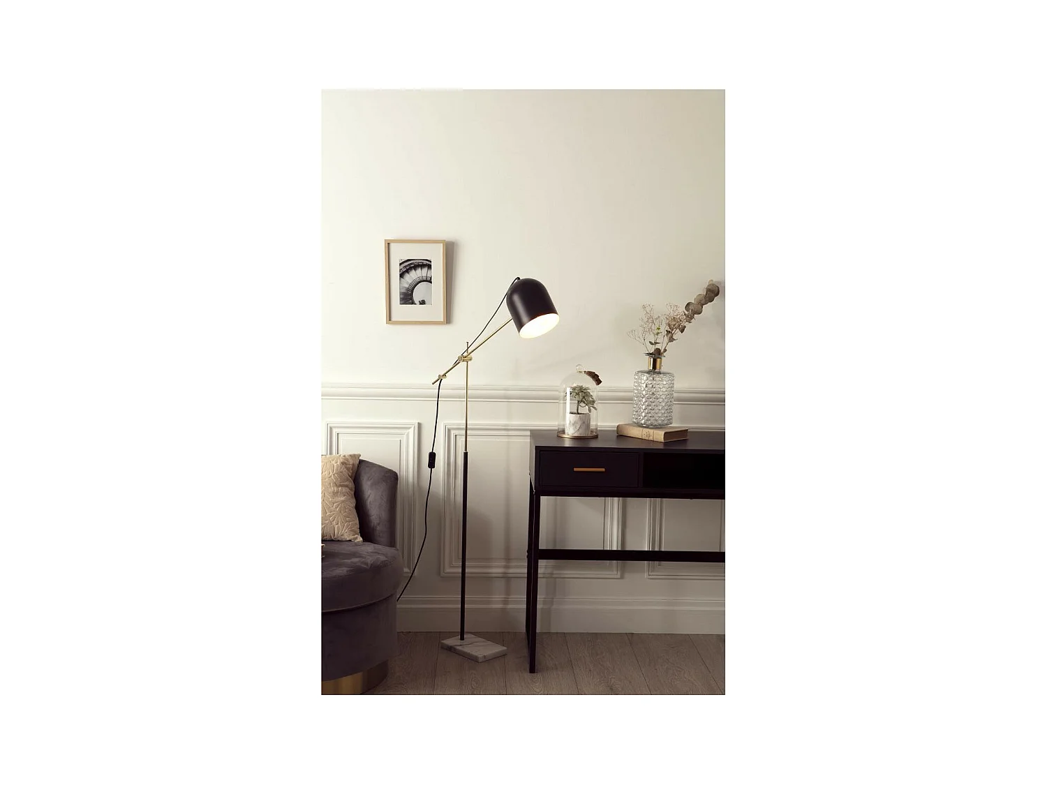 Lampadaire en Métal Noir & Doré Base en Marbre H 135 cm