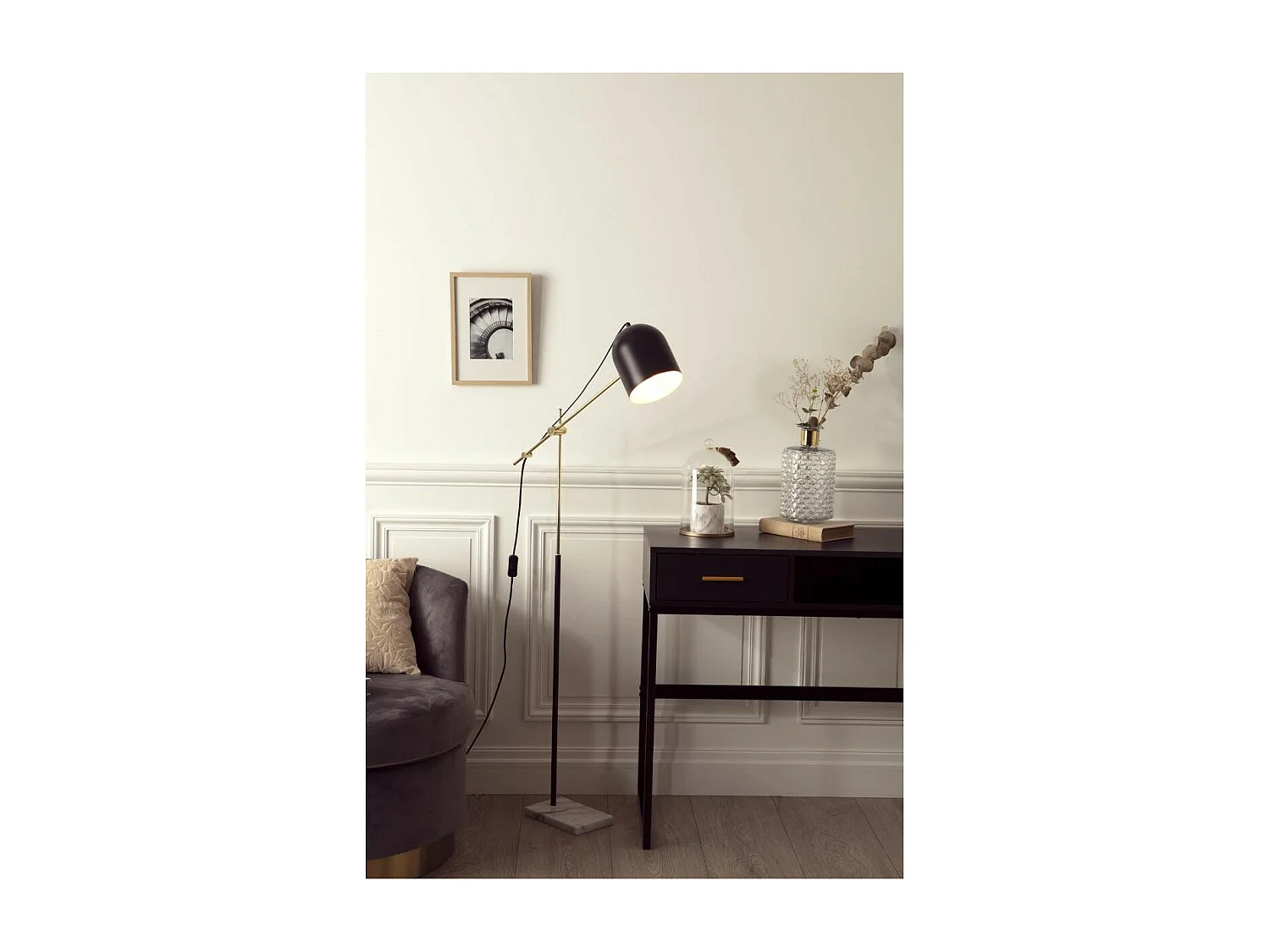 Lampadaire en Métal Noir & Doré Base en Marbre H 135 cm