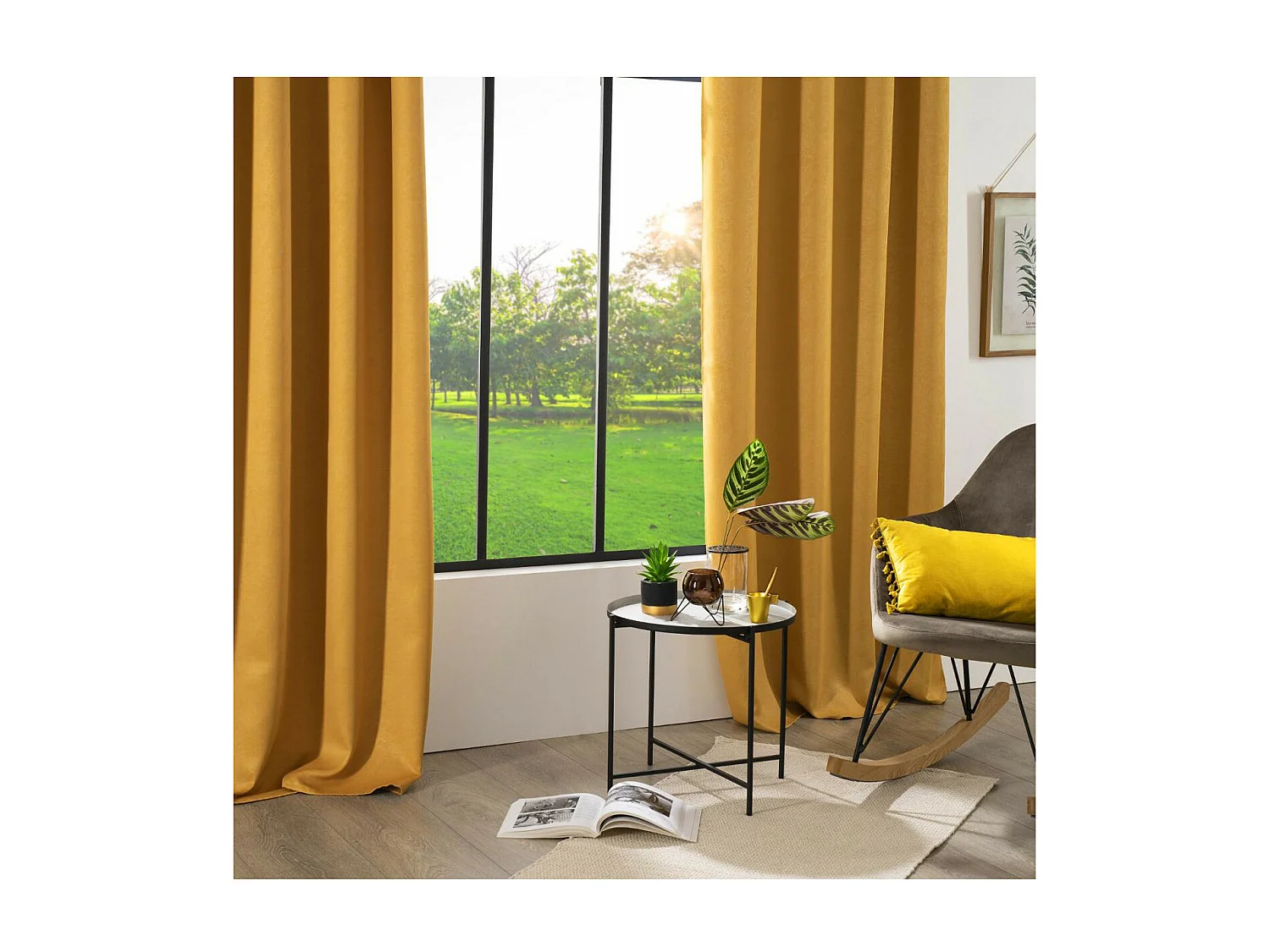 Rideau à œillets Occultant Ocre Feuille en relief 140 x 260 cm