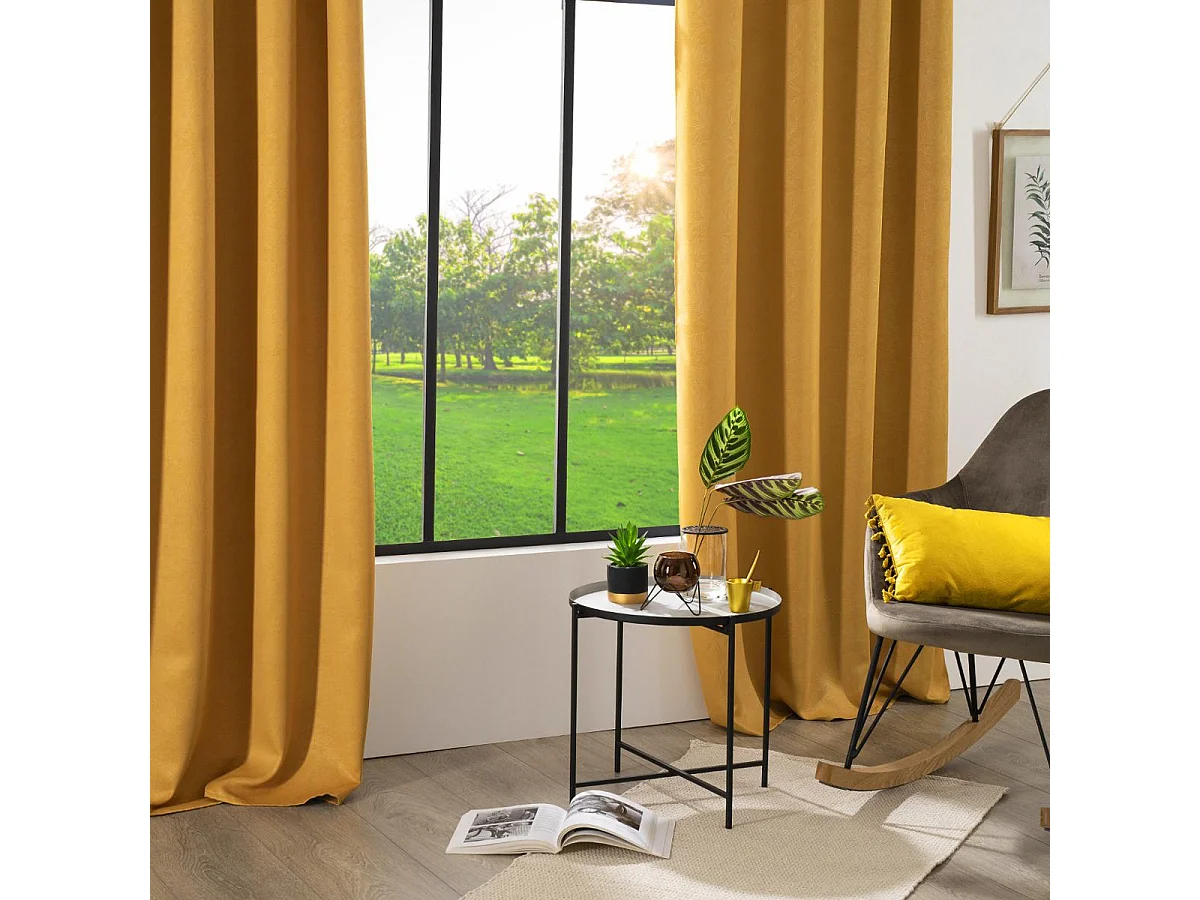 Rideau à œillets Occultant Ocre Feuille en relief 140 x 260 cm
