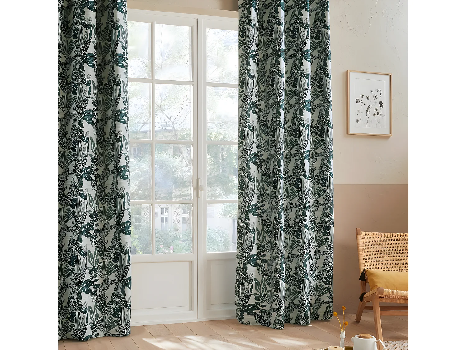 Rideau à œillets Jacquard Vert cèdre 140 x 260 cm