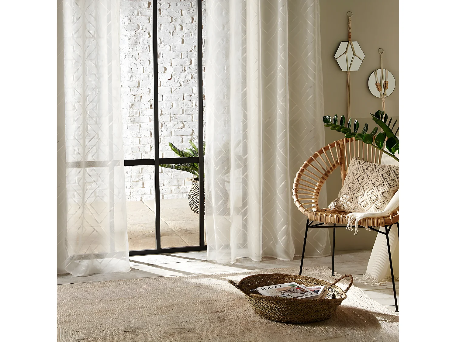 Voilage à œillets Blanc motif en relief brodé 140 x 240 cm