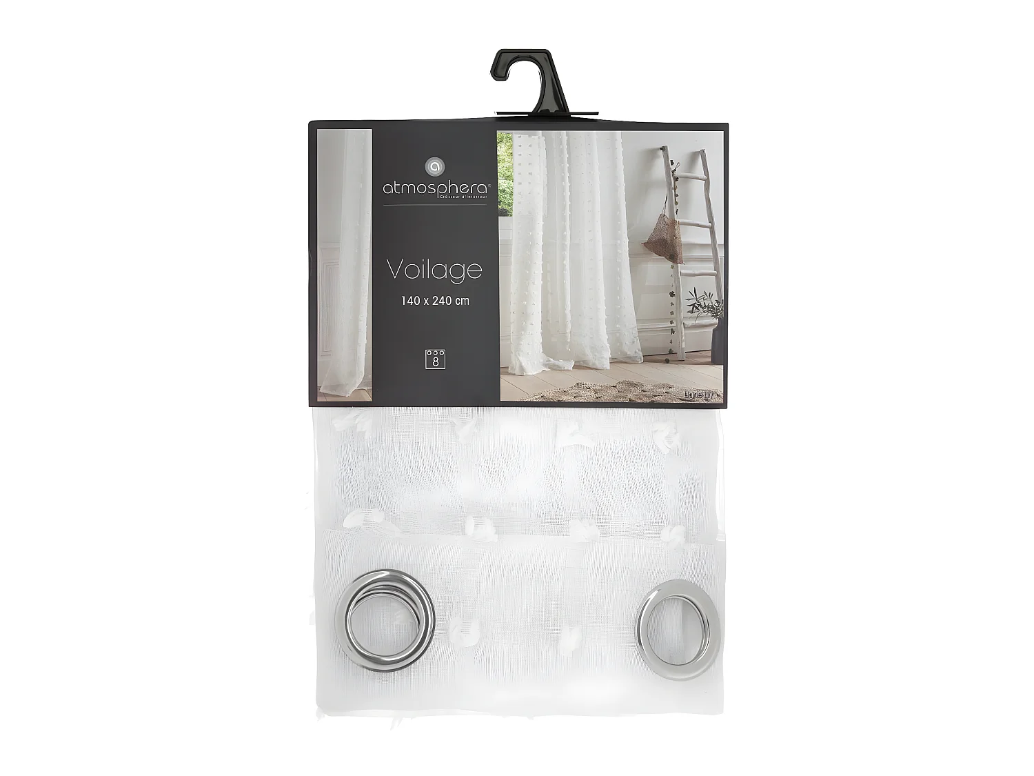 Voilage à œillets Blanc motif petits pompons 140 x 240 cm