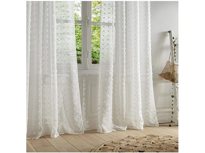 Voilage à œillets Blanc motif petits pompons 140 x 240 cm