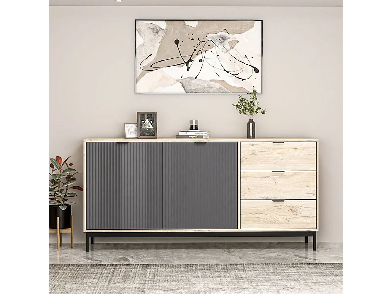 Madia Esta rovere chiaro e antracite con effetto cannettato 180x45x90H