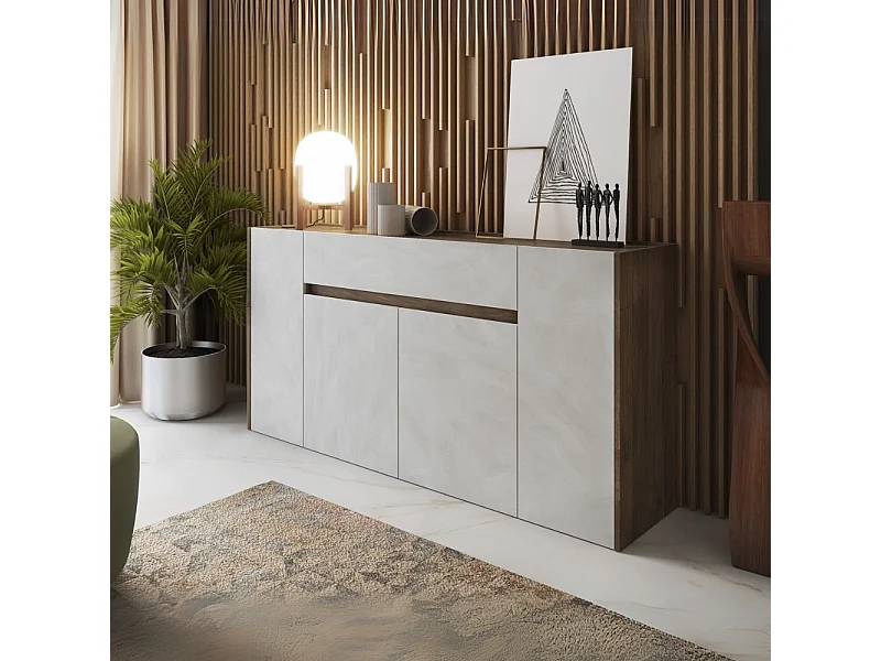 Madia Nordik 4 ante e 1 cassetto in noce e bianco spatolato 170x39.6x85H – Stile e funzionalità