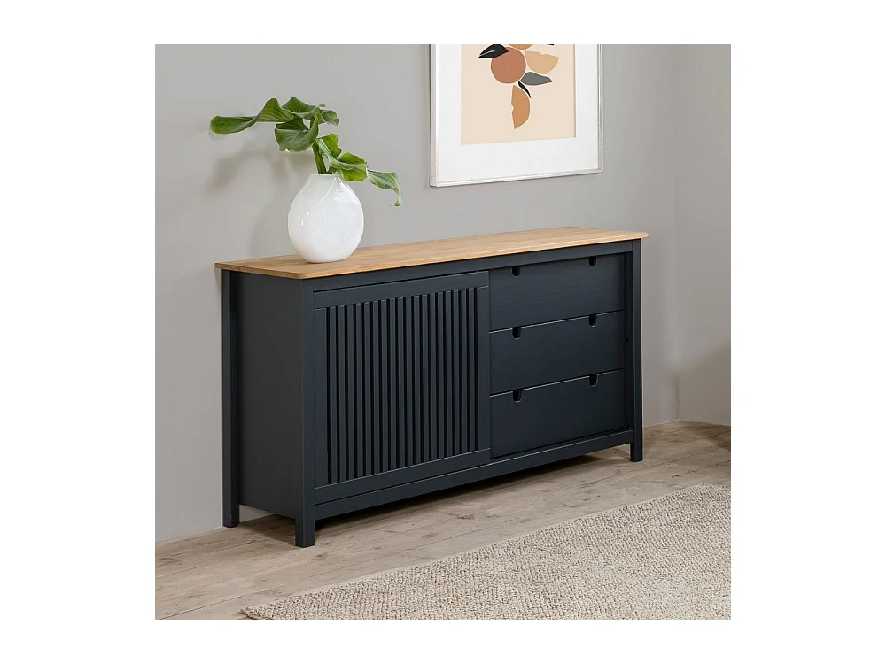 Credenza Bruna in legno massiccio colore grigio antracite e pino 150x40x80H - Anta scorrevole e 3 cassetti