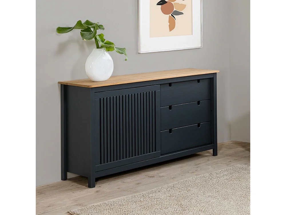 Credenza Bruna in legno massiccio colore grigio antracite e pino 150x40x80H - Anta scorrevole e 3 cassetti