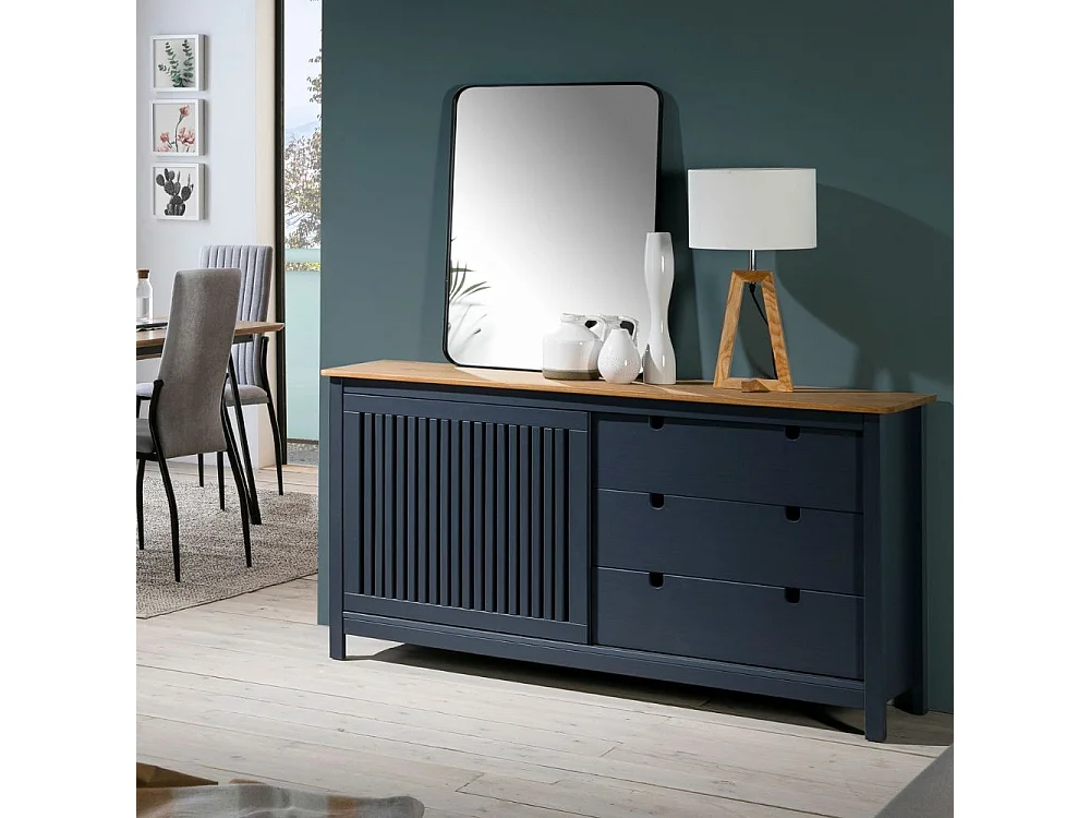 Credenza Bruna in legno massiccio colore grigio antracite e pino 150x40x80H - Anta scorrevole e 3 cassetti
