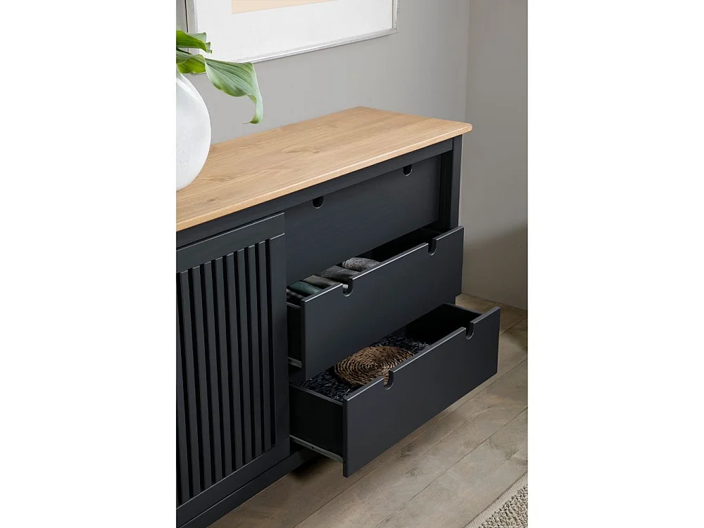 Credenza Bruna in legno massiccio colore grigio antracite e pino 150x40x80H - Anta scorrevole e 3 cassetti