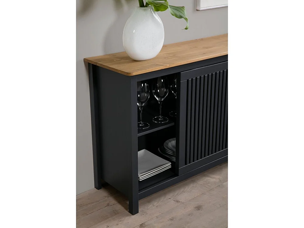 Credenza Bruna in legno massiccio colore grigio antracite e pino 150x40x80H - Anta scorrevole e 3 cassetti