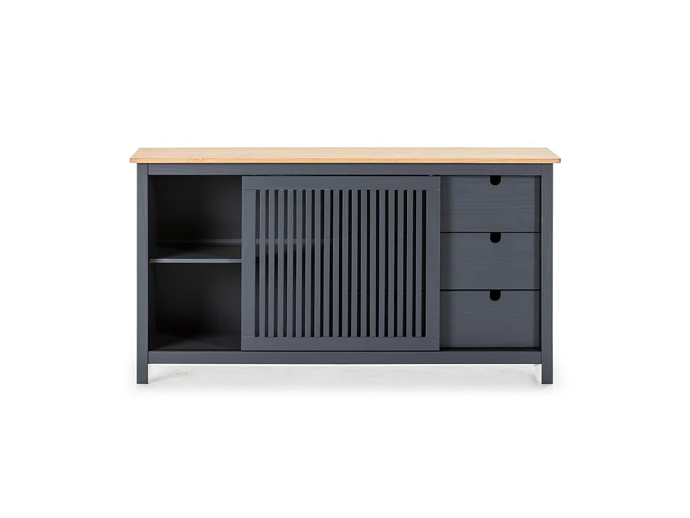 Credenza Bruna in legno massiccio colore grigio antracite e pino 150x40x80H - Anta scorrevole e 3 cassetti