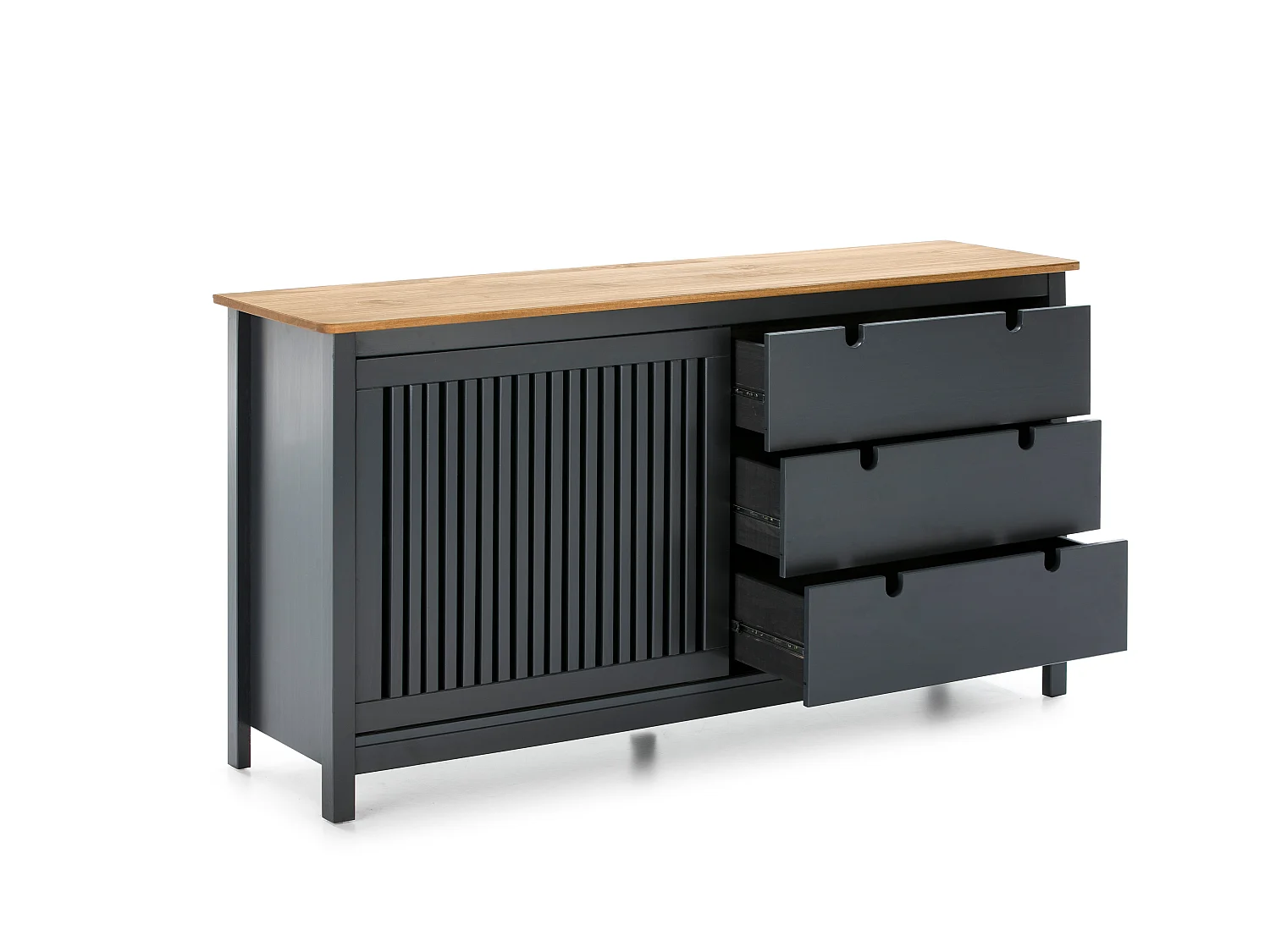 Credenza Bruna in legno massiccio colore grigio antracite e pino 150x40x80H - Anta scorrevole e 3 cassetti