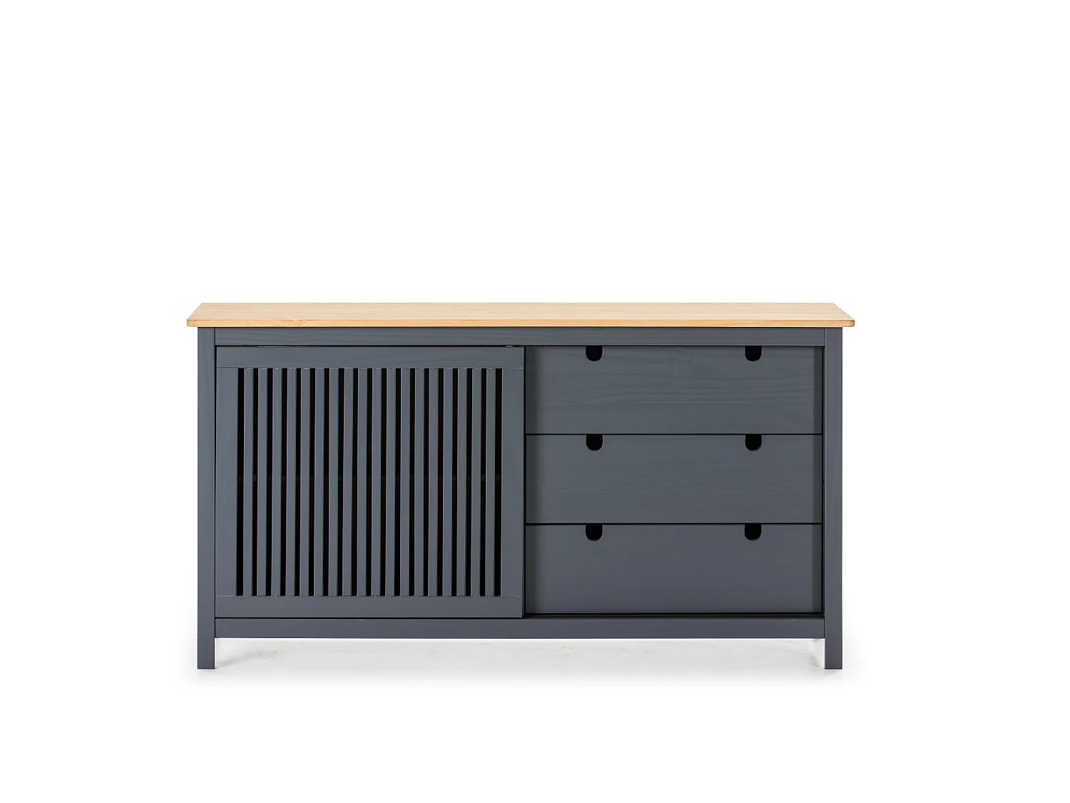 Credenza Bruna in legno massiccio colore grigio antracite e pino 150x40x80H - Anta scorrevole e 3 cassetti