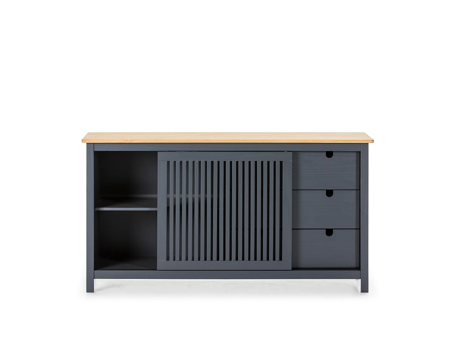 Credenza Bruna in legno massiccio colore grigio antracite e pino 150x40x80H - Anta scorrevole e 3 cassetti