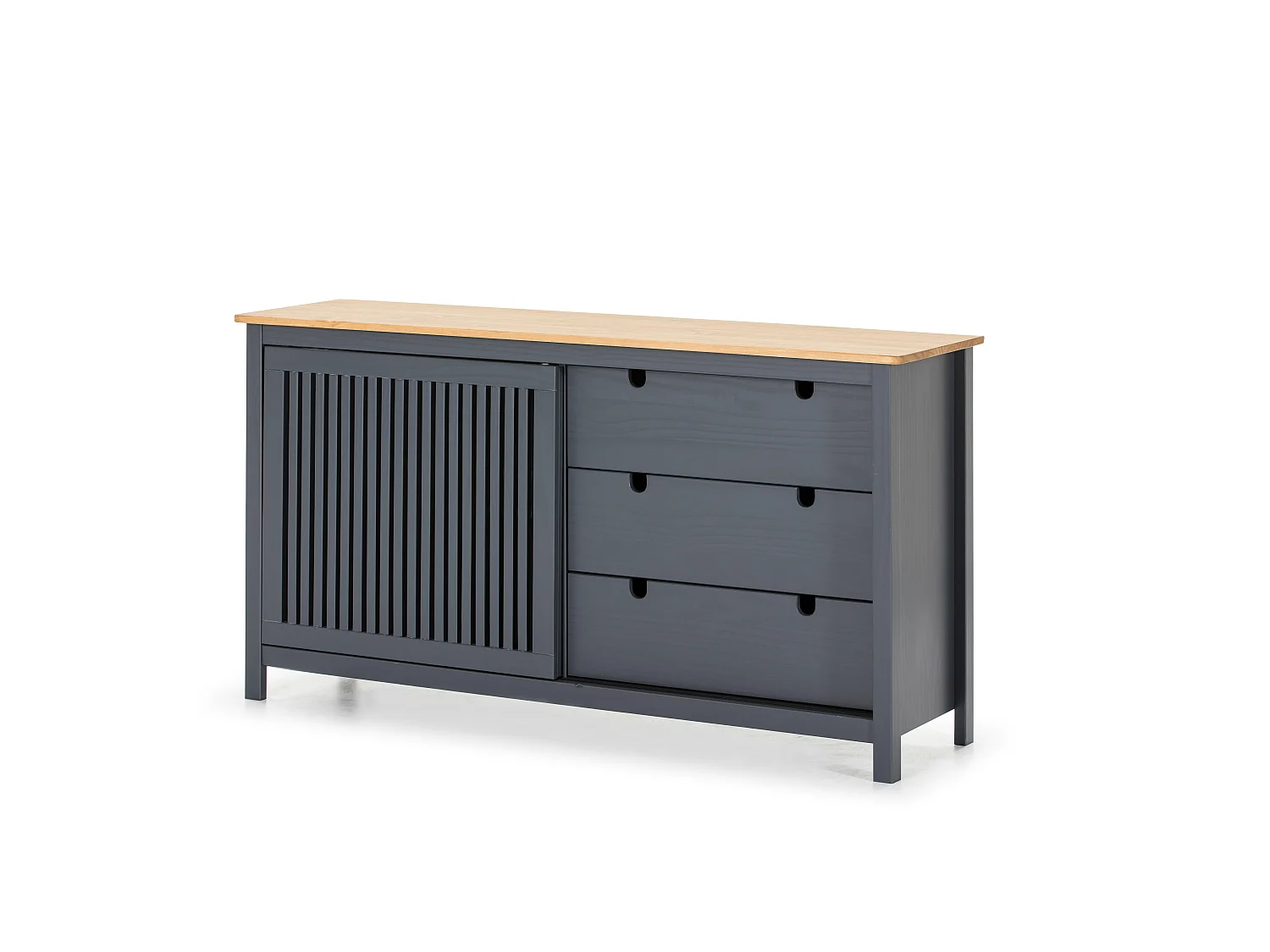 Credenza Bruna in legno massiccio colore grigio antracite e pino 150x40x80H - Anta scorrevole e 3 cassetti