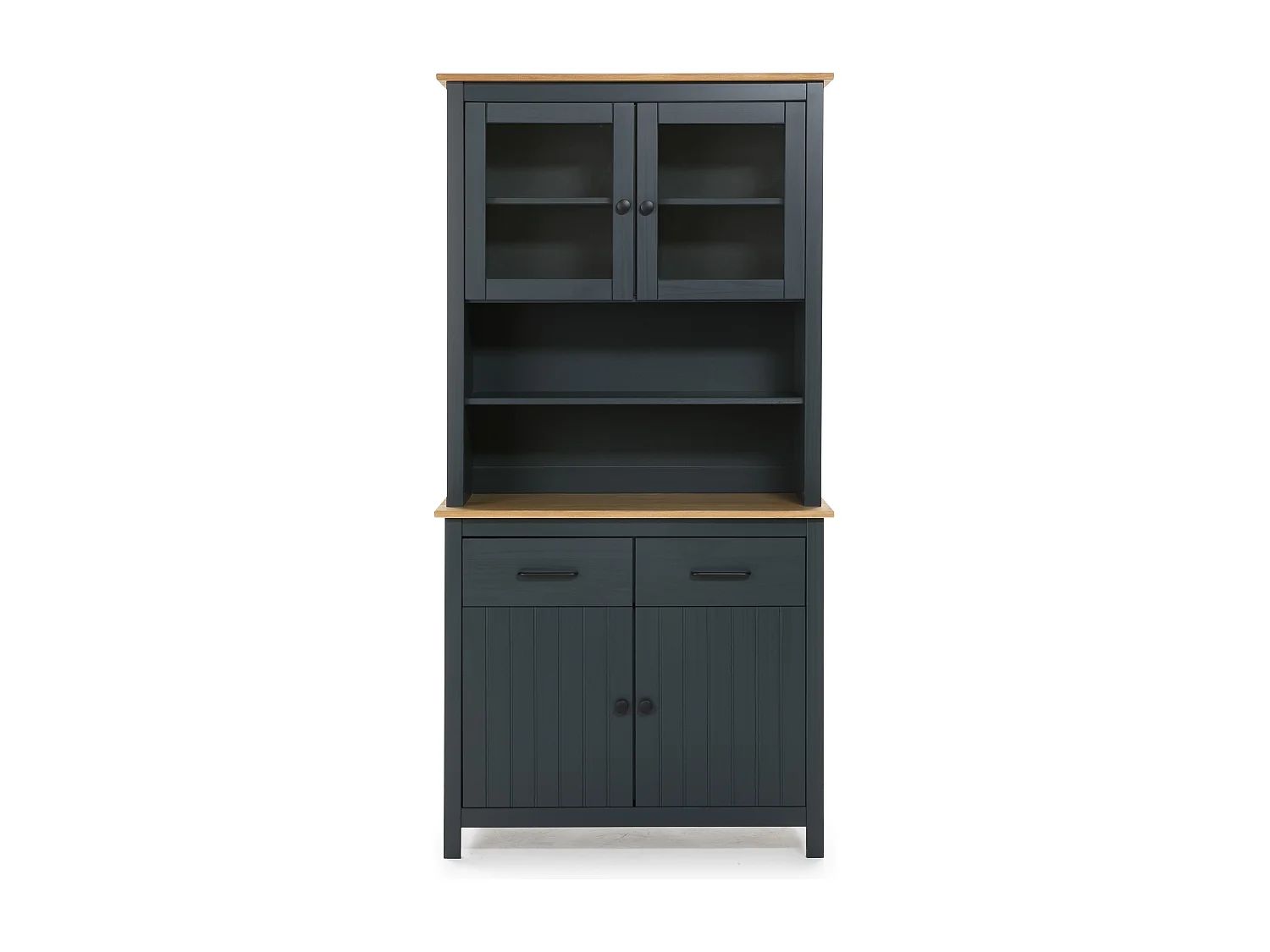 Credenza alta con vetrina Miranda in legno massiccio colore blu e rovere 90x40x180H - 4 ante e 2 cassetti