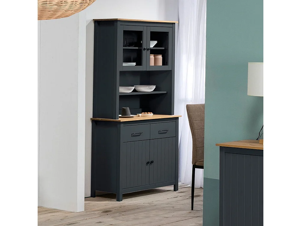 Credenza alta con vetrina Miranda in legno massiccio colore blu e rovere 90x40x180H - 4 ante e 2 cassetti