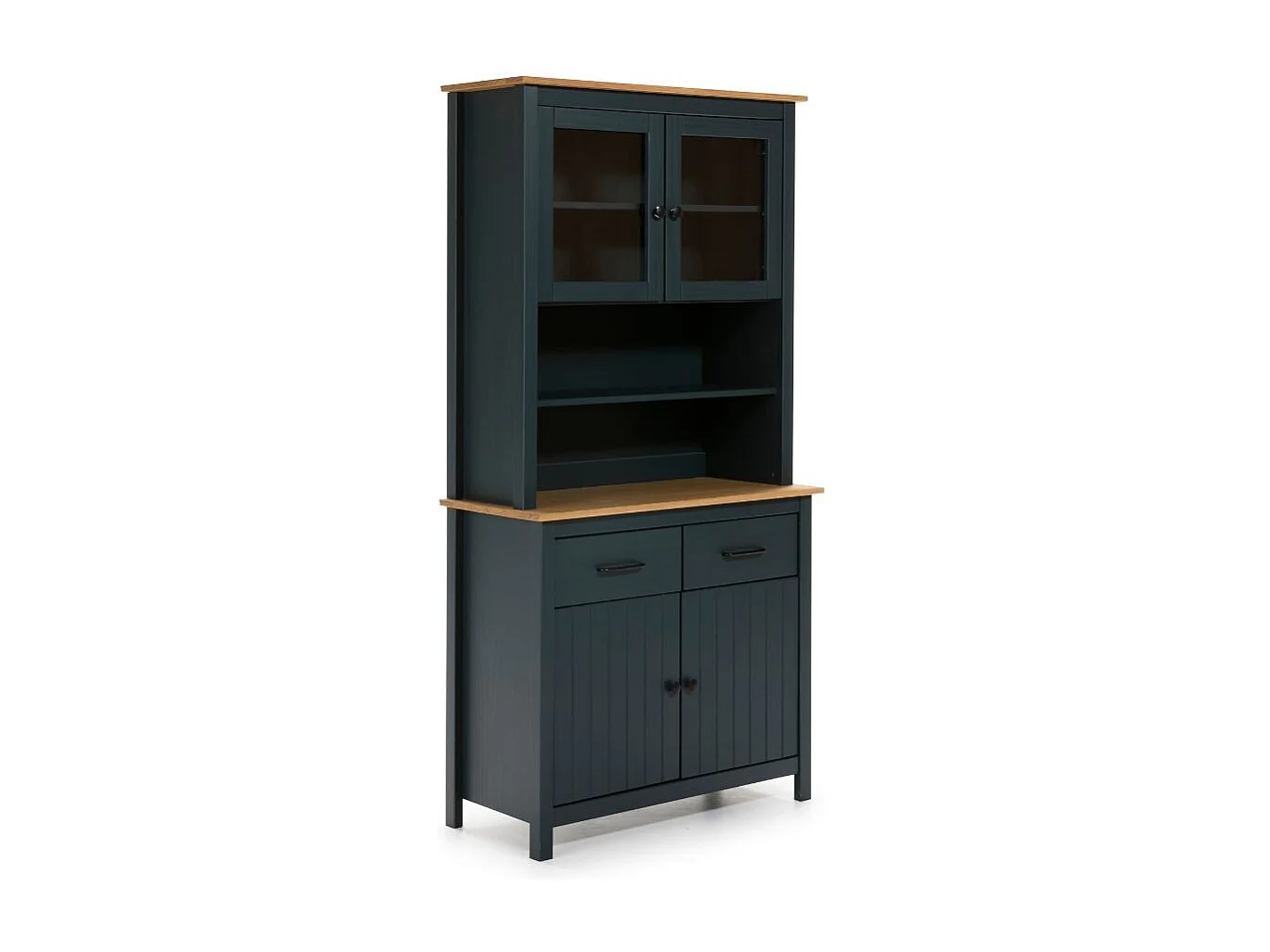 Credenza alta con vetrina Miranda in legno massiccio colore blu e rovere 90x40x180H - 4 ante e 2 cassetti