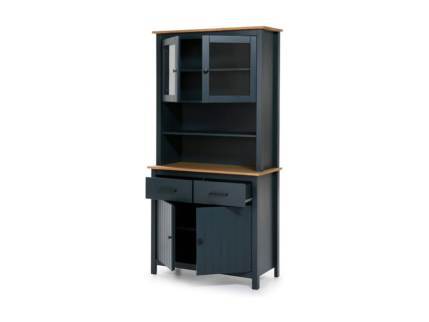 Credenza alta con vetrina Miranda in legno massiccio colore blu e rovere 90x40x180H - 4 ante e 2 cassetti