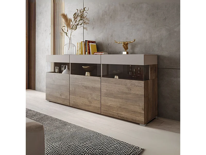 Madia Itaca 3 ante in noce eastwood e cashmere con dettagli in vetro 180x41.2x80H – Ordine ed Eleganza