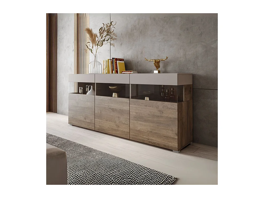 Madia Itaca 3 ante in noce eastwood e cashmere con dettagli in vetro 180x41.2x80H – Ordine ed Eleganza