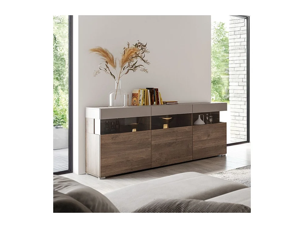 Madia Itaca 3 ante in noce eastwood e cashmere con dettagli in vetro 180x41.2x80H – Ordine ed Eleganza